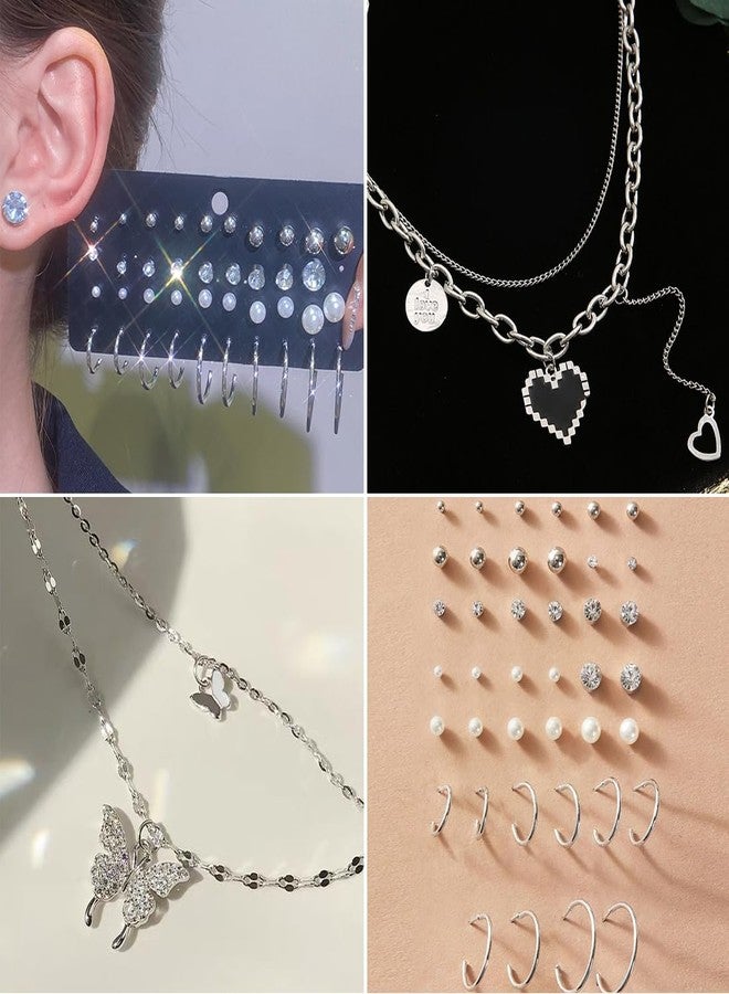 IFNODO 47pcs Silver Jewelry Set With 3 PCS Necklace, 11 PCS Bracelet,20pcs Hoop Stud Earrings,7pcs rings set For Women For Birthday Gifts - Image 3